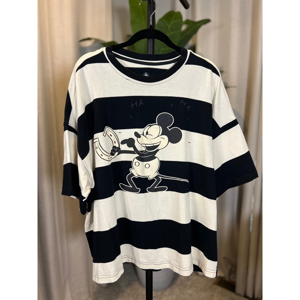Disney Mickey Mouse Striped T-Shirt Black White Oversized Graphic Tee XL